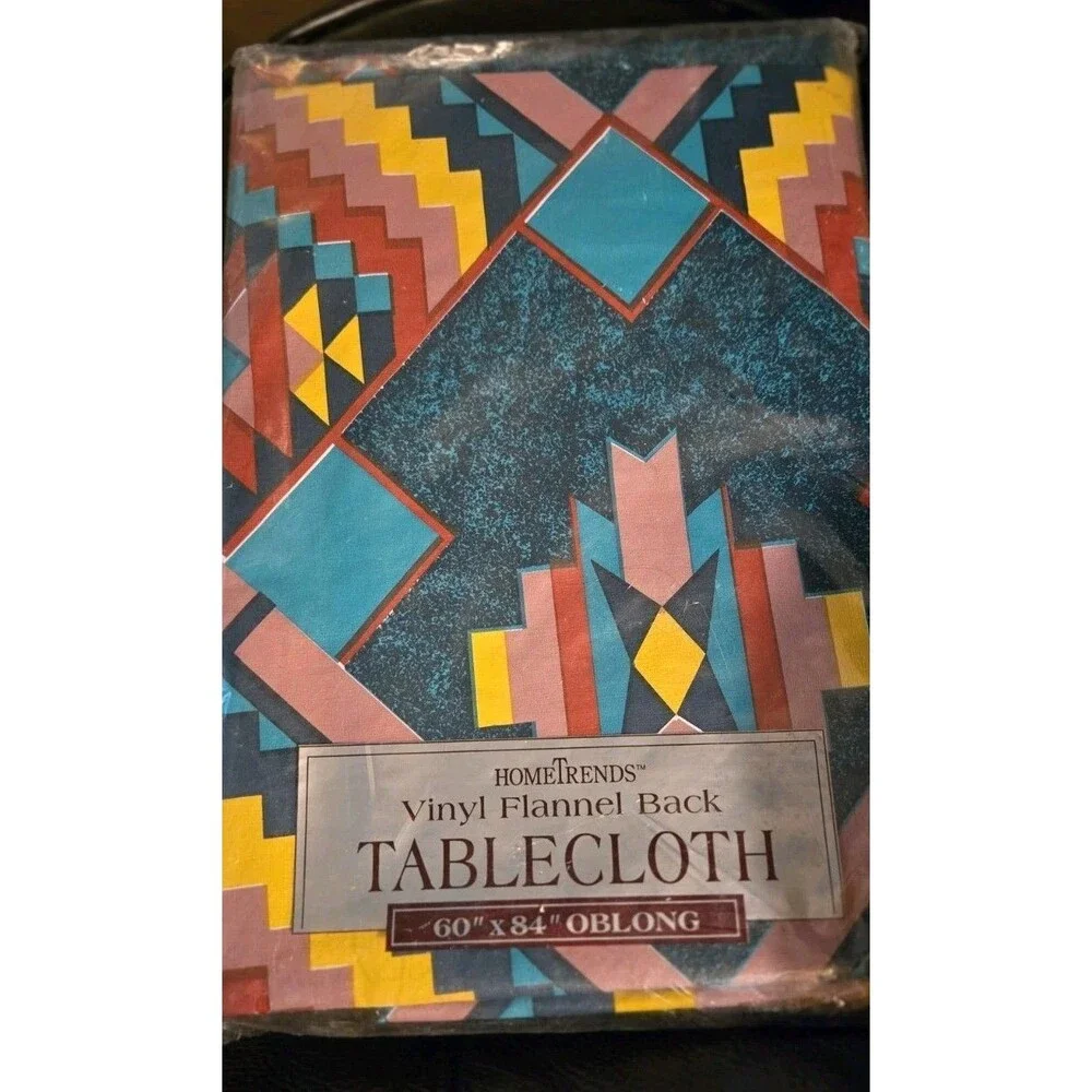 Vintage 90s Green HomeTrends Aztec Flannel Back Vinyl Tablecloth 60